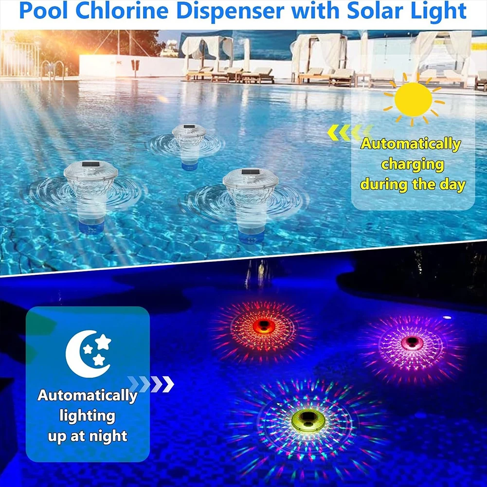 1-3PCS Solar Powered Adjustable Pool Chlorine Dispenser with Colorful Lights Floating Pool Chlorine Dispenser For home Nighttime