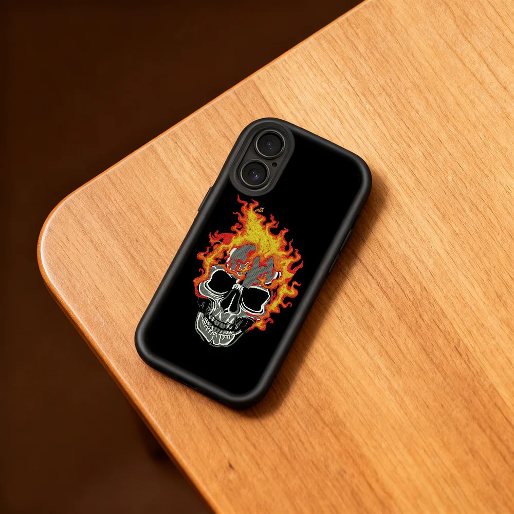 Skull Flame Embroidery Black Soft Shell Phone Case with Lens Protection