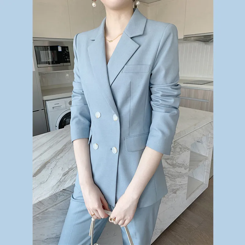 Sky Blue Women's Business and Professional Clothing Office Commuter Slim Fit Wedding Party Dress (Jacket+Pants)
