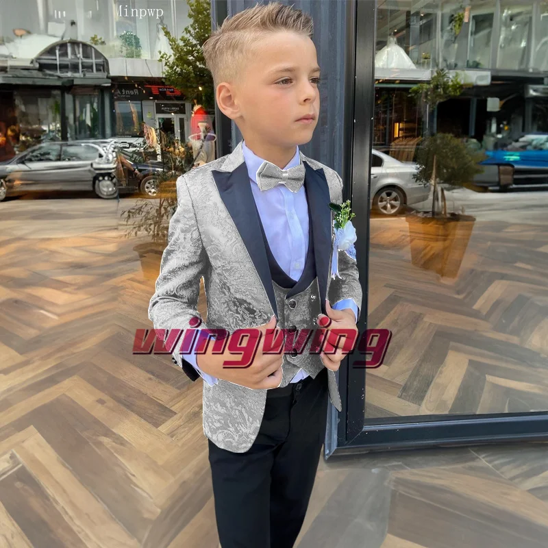 Royal Blue Floral Suit for Boys Wedding Dress Four Piece Jacket Pant Vest Bow Tie Formal Blazer Kids Tailor