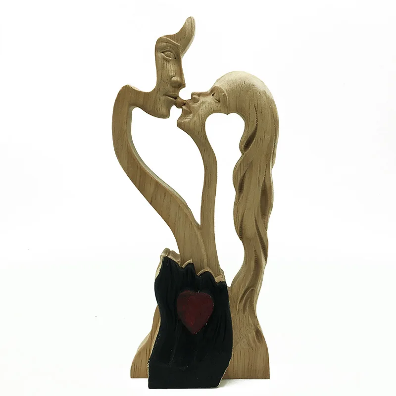 

Love Eternal Wood Ornaments Wooden-Heart Desktop Sculpture Couple Kissing Statue Love Art Ornaments for Home Decorations Gift