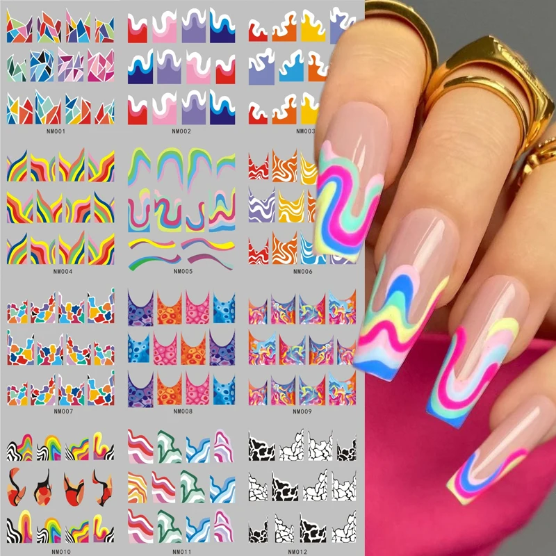 12 modelli French Tips Nail Sticker Rainbow Wave Lines adesivi per decalcomanie ad acqua cursore a nastro colorato per la decorazione delle unghie