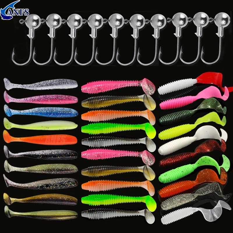 10pcs/30pcs Soft Fishing Lures Kit Silicone Lure Set Artificial Bait Worm  with Crank Jig Head Hook