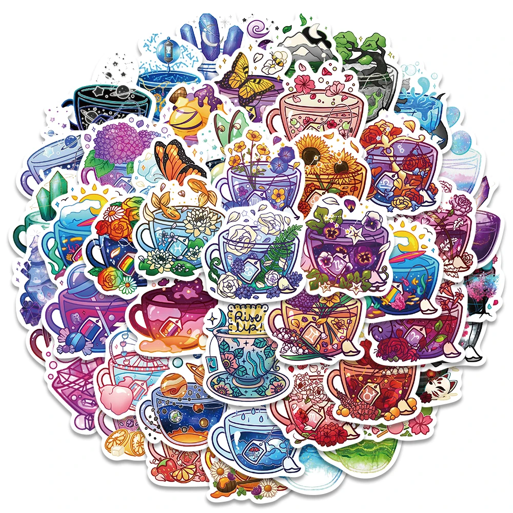 

49pcs Vinyl Laptop Decals Cute Cartoon Fancy Flowers Cups Stickers For Luggage Guitar Phone Diary Waterproof Graffiti