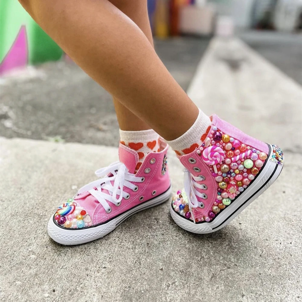 Handmade Rhinestones Bling Girls Womens Kids And Mother Candy Canvas Shoes Pearls Sneakers For Girl Birthday Party Wedding 3