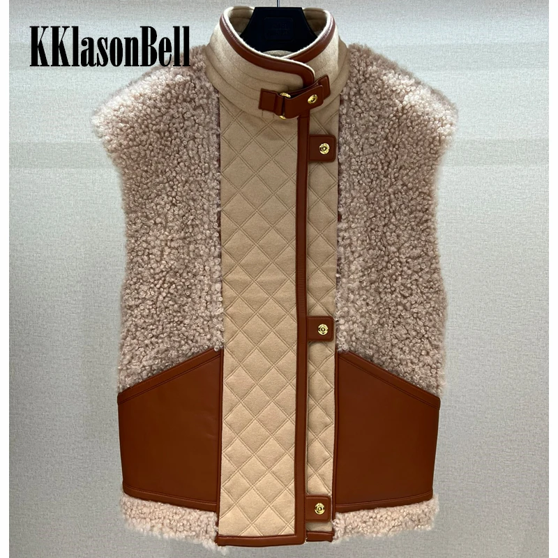 

11.2 KKlasonBell Luxury Argyle Spliced Genuine Leather Cashmere Keep Warm Comfortable Vest Women