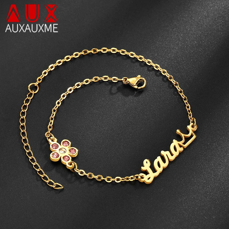 Auxauxme Custom Birthstone Pink Flower Name Bracelet Stainless Steel for Women Girl Personalized  Nameplate Chain Jewelry Gifts