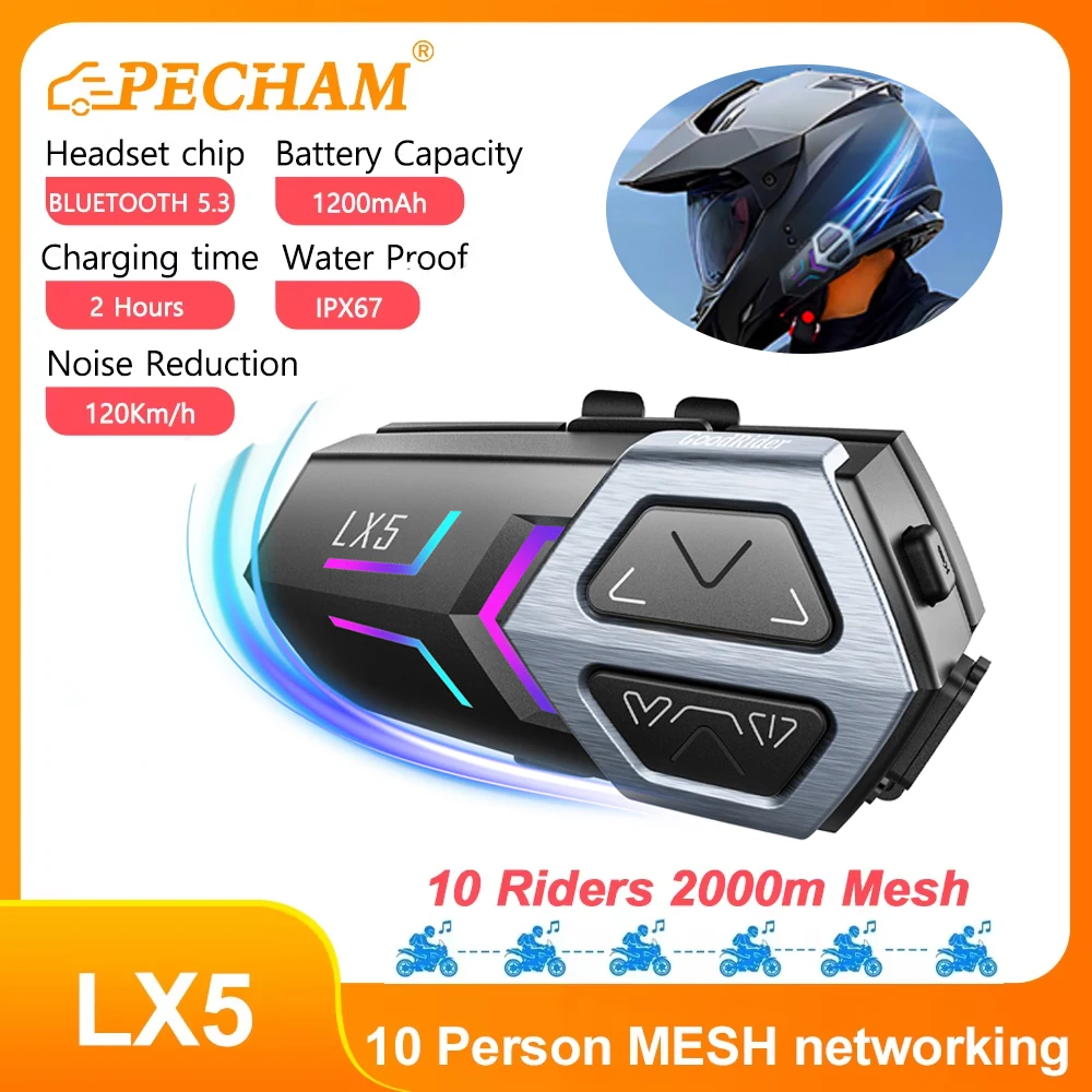 LX5 Motorcycle Helmet Headphones Mesh Intercom for 10 Riders