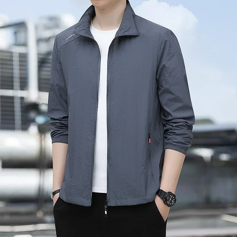 Ultra-thin Breathable Ice Silk Windbreaker Summer Men Fishing Sun Protection Clothing Man Casual Stand Up Collar Cardigan Jacket