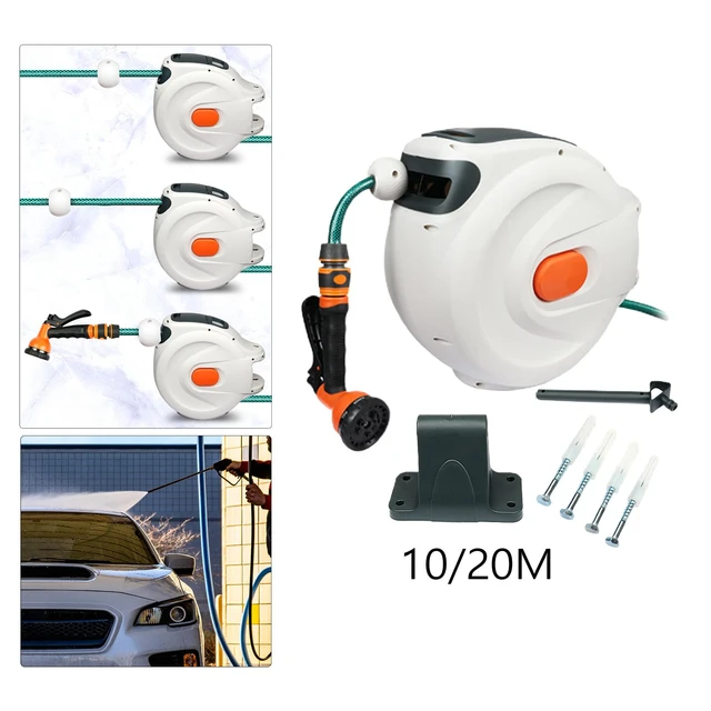 Retractable Water Hose Reel with 7 Sprayer Modes, Wall Mount, 180 Degrees  Swivel Bracket Slow Return Systemfor Garden Watering Outdoor 10m Hose