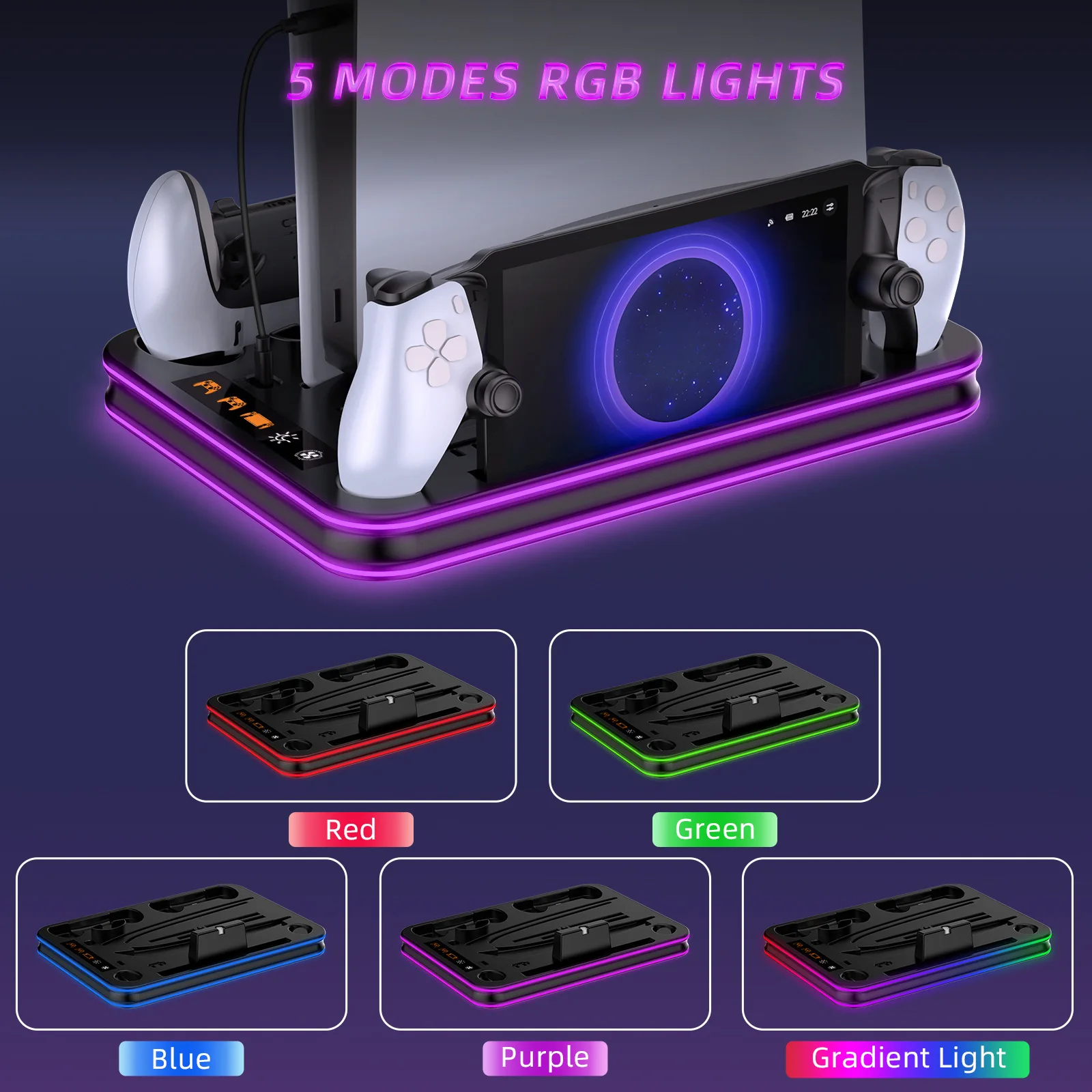 NEW JYS-P5201 For PS5 slim multifunctional eficient cooling stand base for PS5 console 5modes RGB LED light handle charging clip