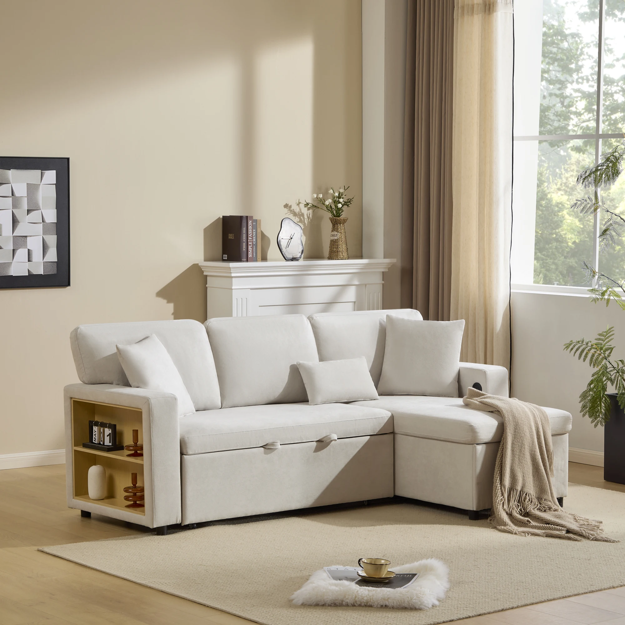 KOMHTOM Ecksofa L-Form mit Schlaf- und Bettfunktion - Ausziehbarer Schlafcouch mit Bettkasten und integriertem Regal – Detail 2