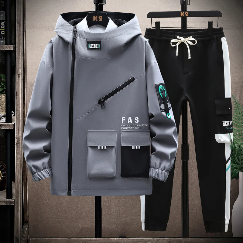 Autumn Men Tracksuit Casual Spring Sportswear Hooded patchwork Jackets Pants 2 Piece Sets Hip Hop Running Sports Suit