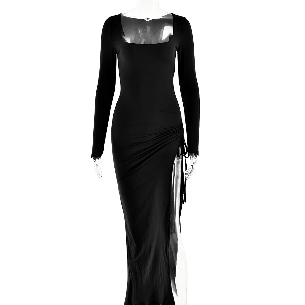 Sexy Bodycon High Split Drawstring Dress Women Long Sleeve Tight Evening Dress Party Female Elegant Maxi Dress AutumnNew