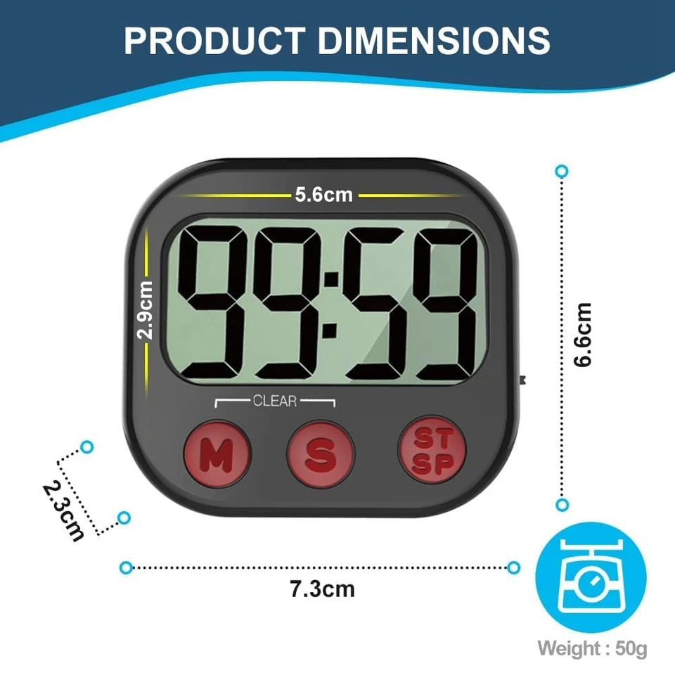 2 Pièces Minuteur de Cuisine magnétique avec Grand écran LCD, Minuteur Digital Horloge Compte à Rebours Multifonctionnel Minuteurs électroniques avec Alarme pour l'exercice l'Étude la Cuisine (Noir