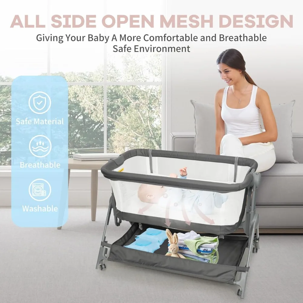 Baby Bassinet Bedside Crib, 5 Height Adjustable Bedside Crib, Newborn Portable Bassinet with Wheels, U-Shaped Diaper Table 2