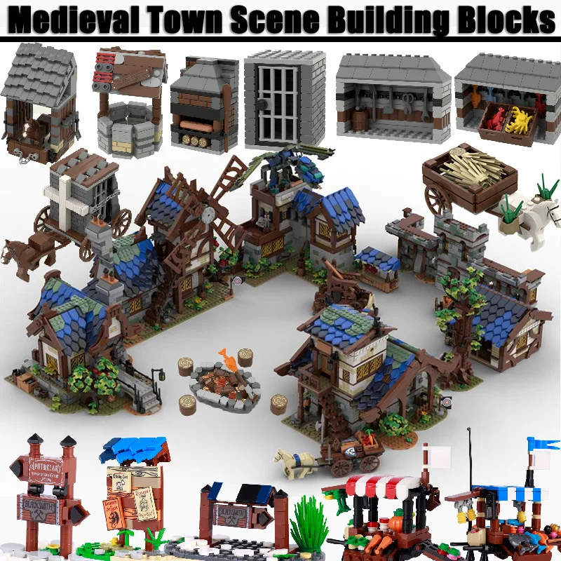 

MOC Medieval Castle Town Market Street View Building Blocks Middle Age House Cottage Carriage Bulletin Water Wall Bricks Toys