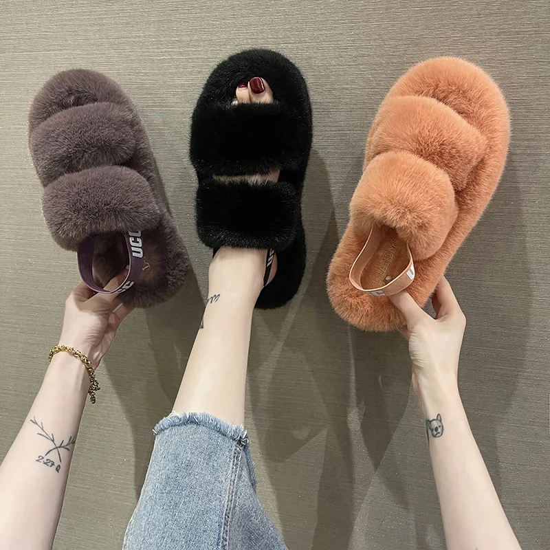 2023 Winter Candy Color Thick Bottom Non-slip Home Cotton Slippers Large Size Casual Hairy Slippers Women's Fashion Warm Shoes
