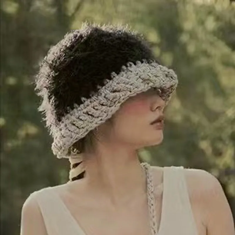 

Niche Designer Handmade Plush Splicing Knitted Bucket Hat Female Korean Autumn Winter Knitted Wool Knitted Basin Hat