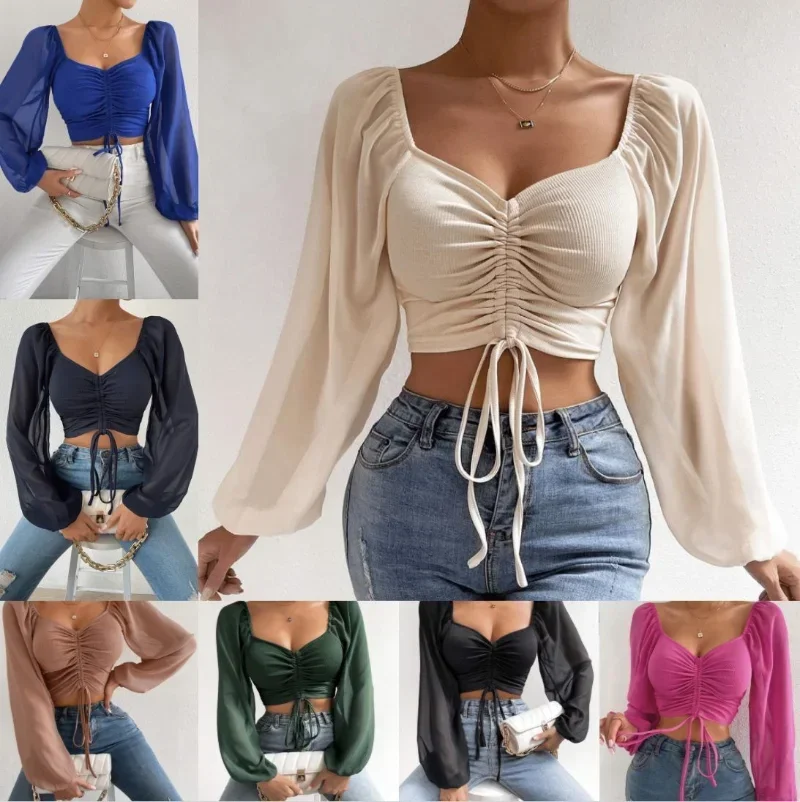 Sexy V-neck Women T Shirt Casual Drawstring Crop Tops Tee Ladies Blusas Summer Short Tshirt Woman Clothes Long Sleeve T Shirt - Image 2