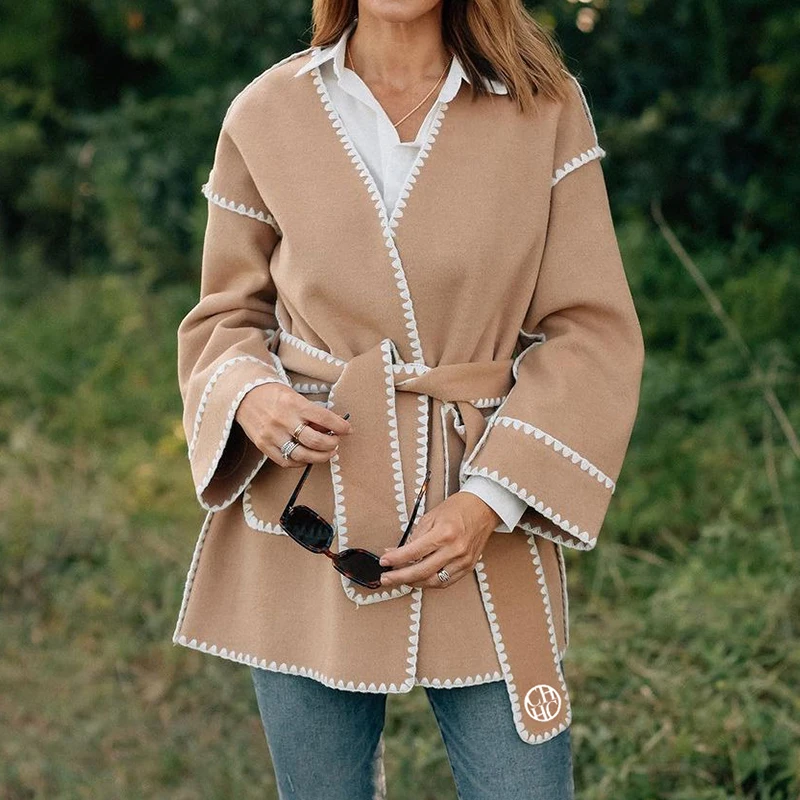 

Coat Offer Women Autumn Winter 2023 Slim Big Pocket Ladies Jackets Long Sleeve Elegant Lace Up Deep V-Neck Female Coats