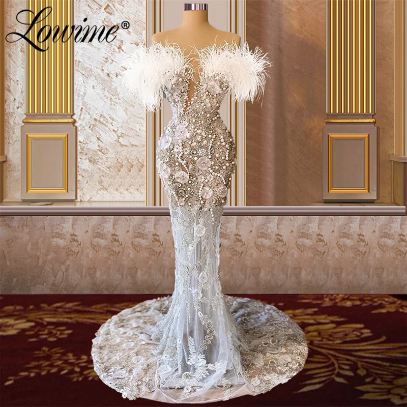 

Длинные вечерние платья-русалки Aso Ebi с перьями и жемчугом, Женская праздничная одежда, дубайское платье 2022, наряды ручной работы для вечеринки с цветами