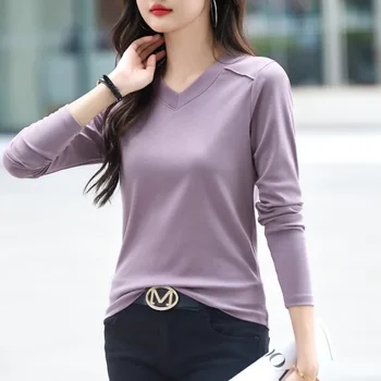 تي شيرتات طويلة الأكمام Camisetas ملابس نسائية غير رسمية للخريف تي شيرت قطني فضفاض تي شيرت نسائي برقبة على شكل V تي شيرت نسائي أساسي