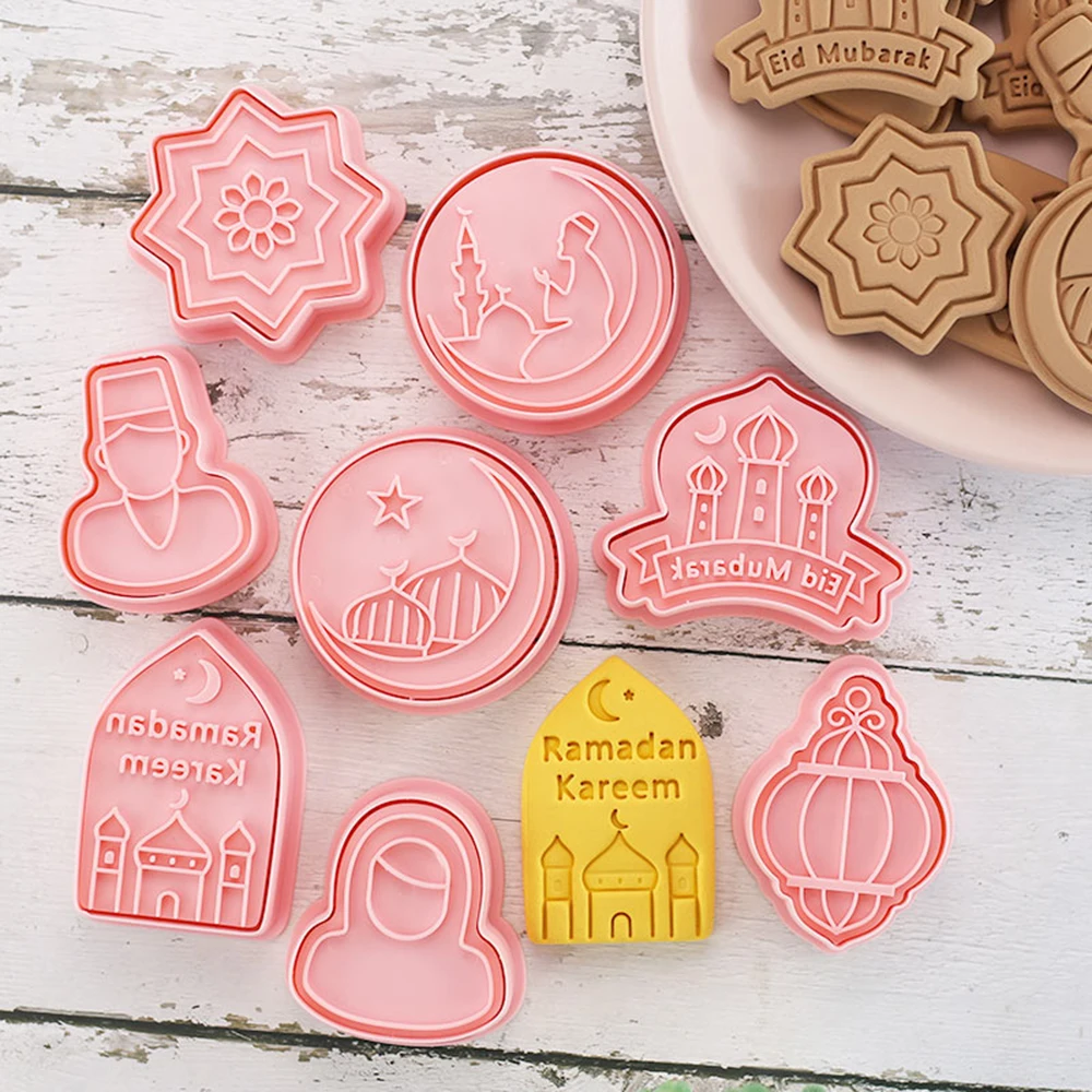 Eid Mubarak Cookie Cutters Ramadan Decoration Plastic Pressable Biscuit Mold Cookie Fondant Stamp Kitchen Baking Pastry Bakeware