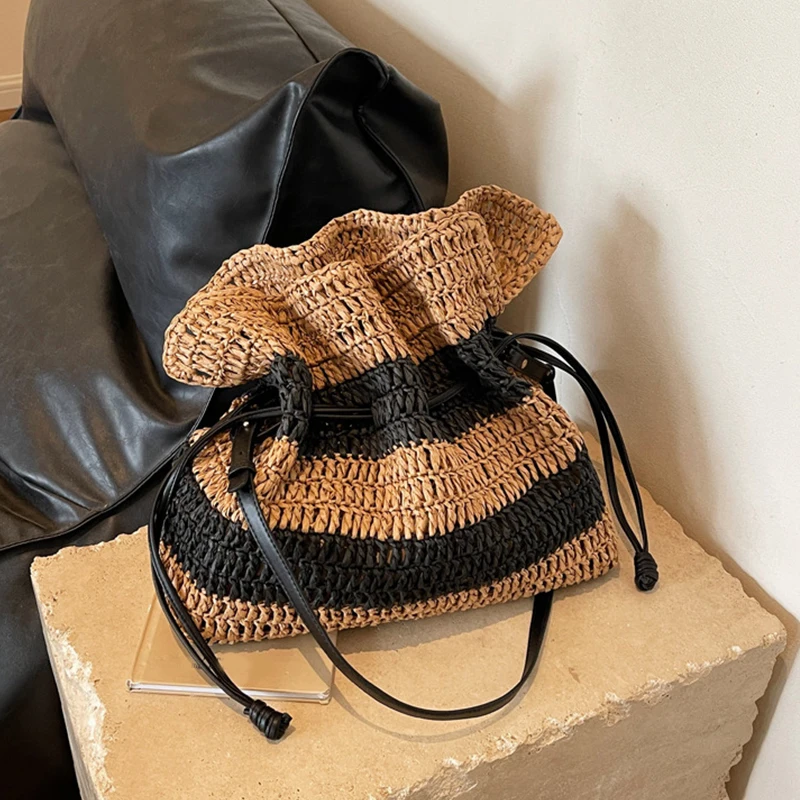 New Stripe Crochet Large Braided Bag Single Shoulder Tote Straw Braided Bag Drawstring Women's Bag