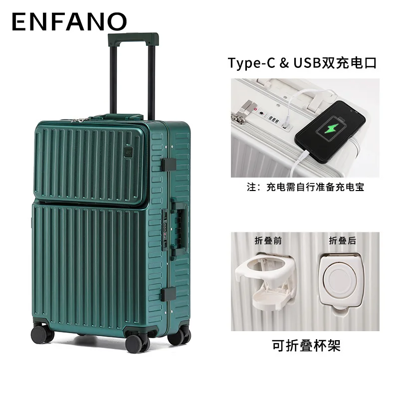 

Enfano передняя крышка с карманами, Usb багаж, высокое качество, устойчивая к царапинам тележка, держатель для стакана, Универсальные мужские дорожные колеса