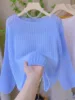 Summer 2025 Women's Soft Sweet Pink Hollow out Knitted Top oulder Baring Long Sve Thin awl Cover up Korean Sle