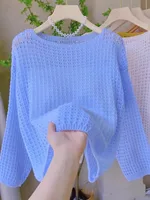 Summer 2025 Women's Soft Sweet Pink Hollow out Knitted Top oulder Baring Long Sve Thin awl Cover up Korean Sle