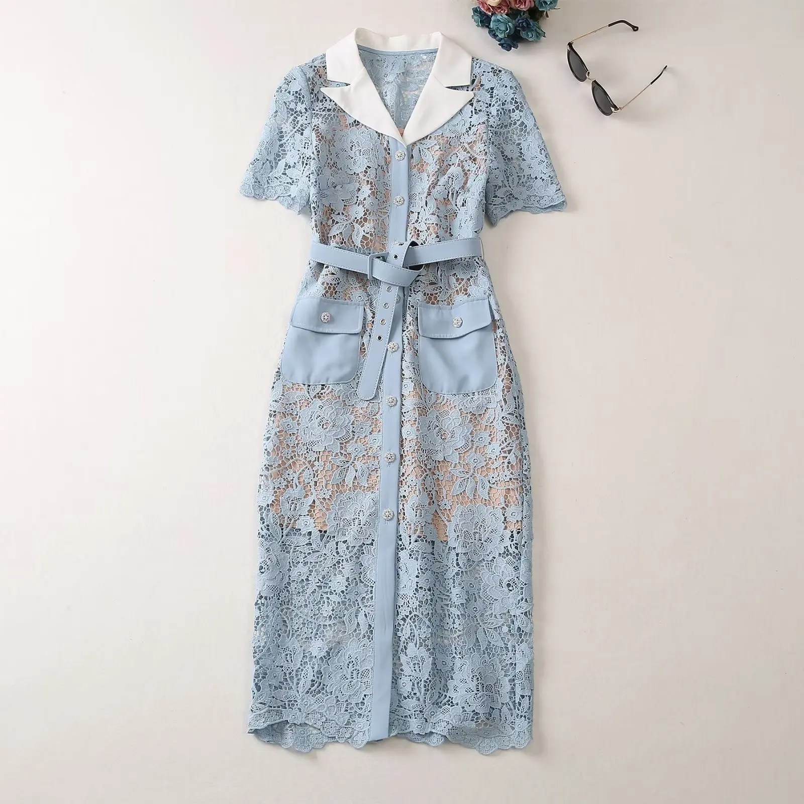 

European and American women's clothes 2023 spring new Short sleeve Suit collar single breasted Blue lace fashion Belt Dress XXL