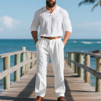 Completo da uomo in lino a maniche lunghe, polo e pantaloni, stile casual americano, tinta unita, per il lavoro, traspirante e leggero, set da 2 pezzi