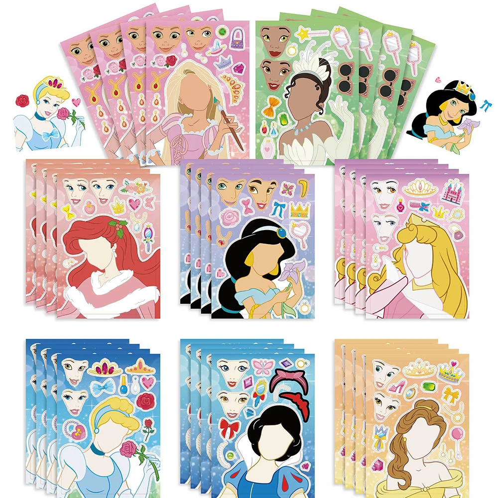 8/16Sheets Kawaii Disney Princess Puzzle Stickers Books Make-a-Face Assemble Jigsaw Decals Girls Kids Educational DIY Toys Gifts