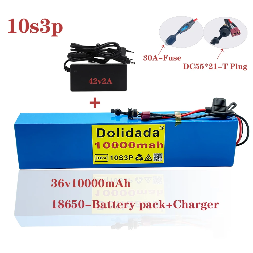 

10S3P 36V 10Ah +42V 2A DC55 * 21 lithium battery for electric bicycle with built-in BMS 30A 600W fuse sold with charger
