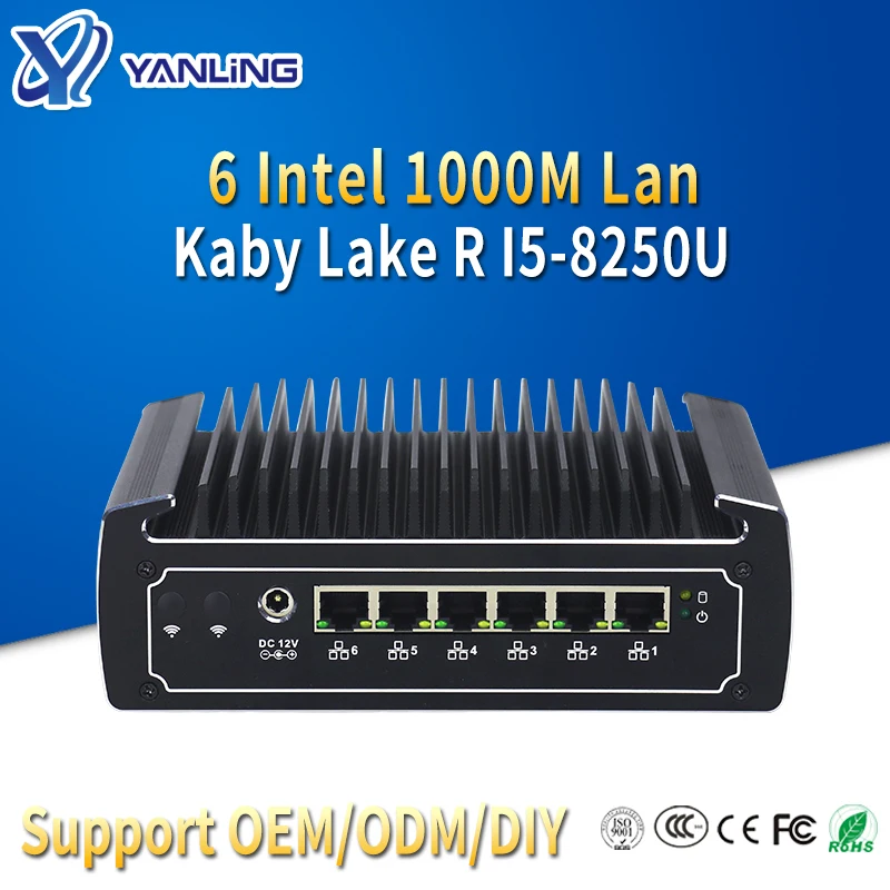 Yanling Pfsense Router 8th Gen Kaby Lake R Intel I5 8250u Quad Core Mini Server 6 Lan Fanless PC Support 4G And Wifi