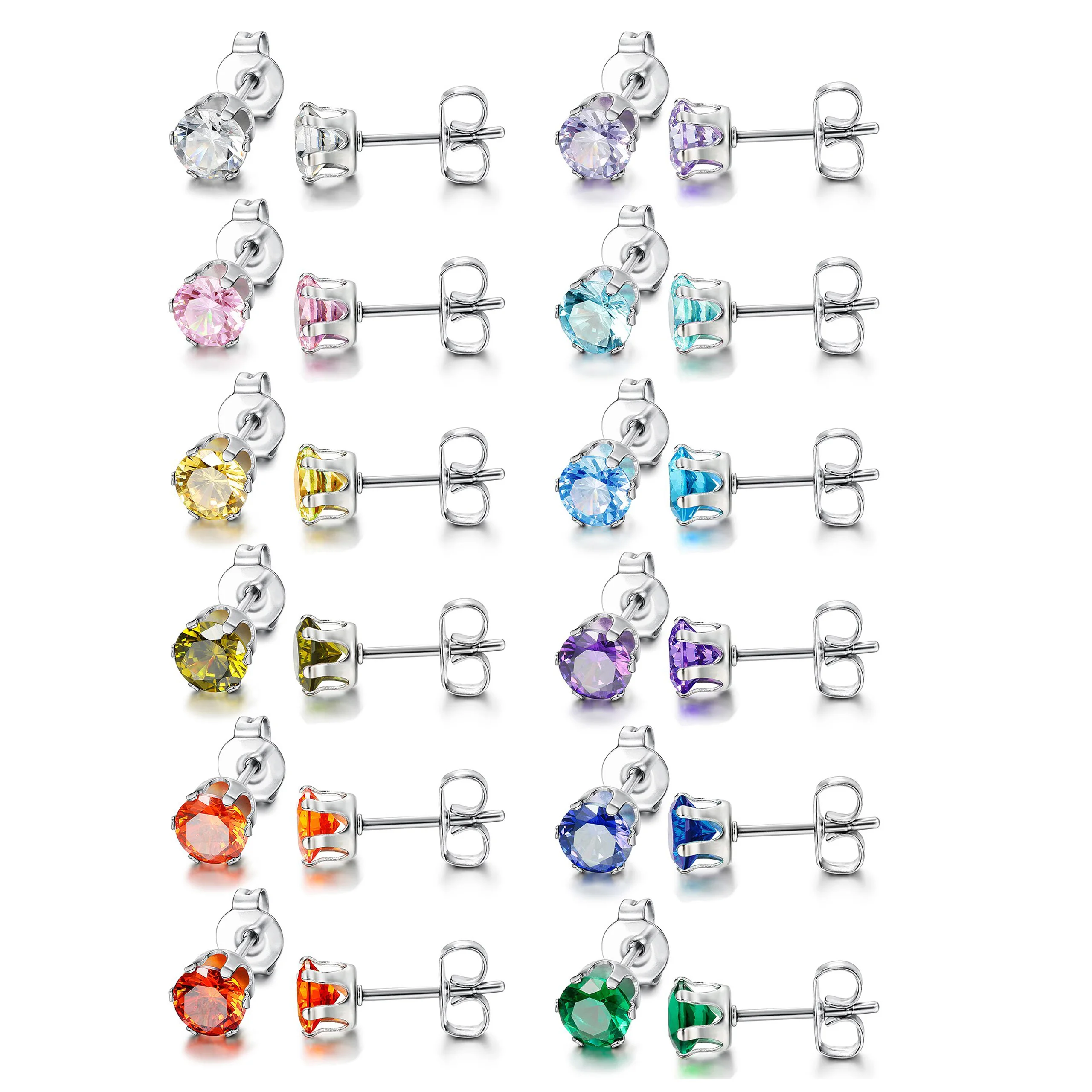 1-12 Pairs Stainless Steel Sparkling Brilliant Cut Round Cubic Zirconia Birthstone Stud Earrings for Women Men Size 3-8mm 5