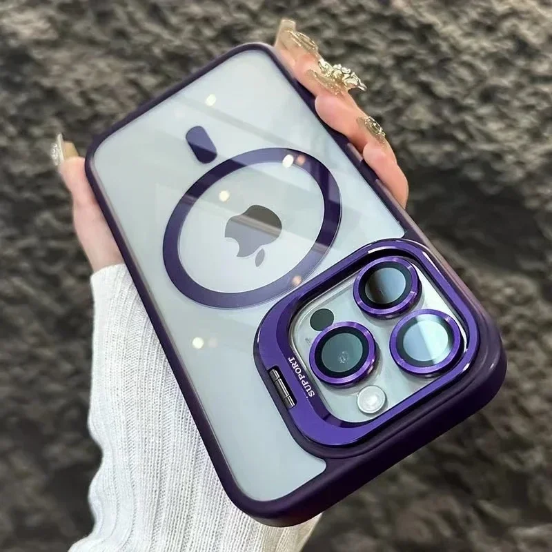 Premium Transparent Magnetic Wireless Charging Case with Metal Stand and Glass Lens Protection