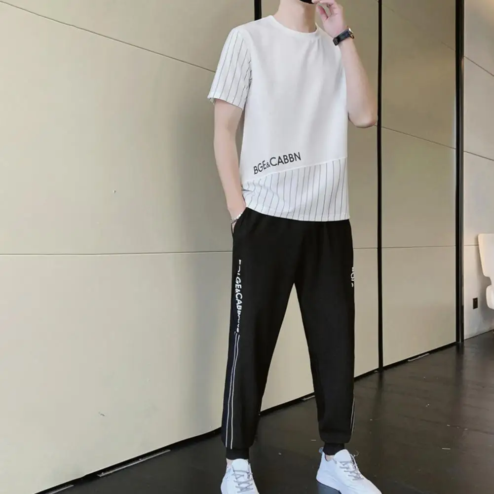 

Summer Men Top Pants Striped Solid Color Round Neck Loose Washable Two Piece Set Streetwear