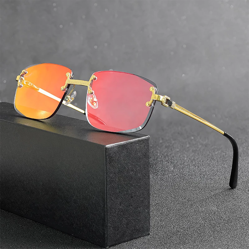 HBK Square Rimless Sunglasses Women Retro Metal Sun Glasses Men Luxury Party Business Gradient Shades 2024 Summer Style