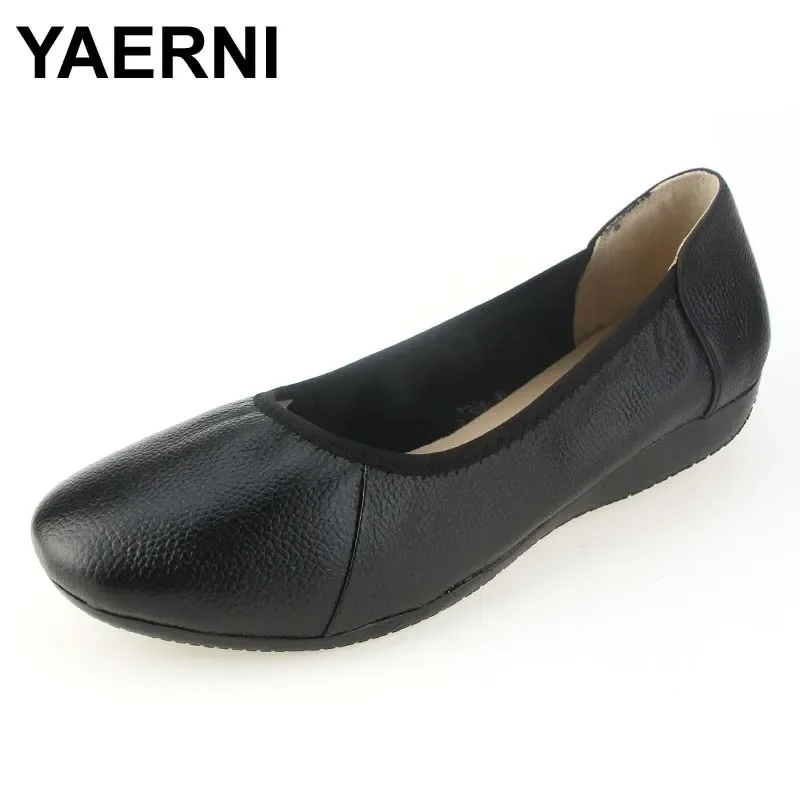 YAERNI Fashion Genuine Leather Ballet Flat Shoes Woman Pointed Toe