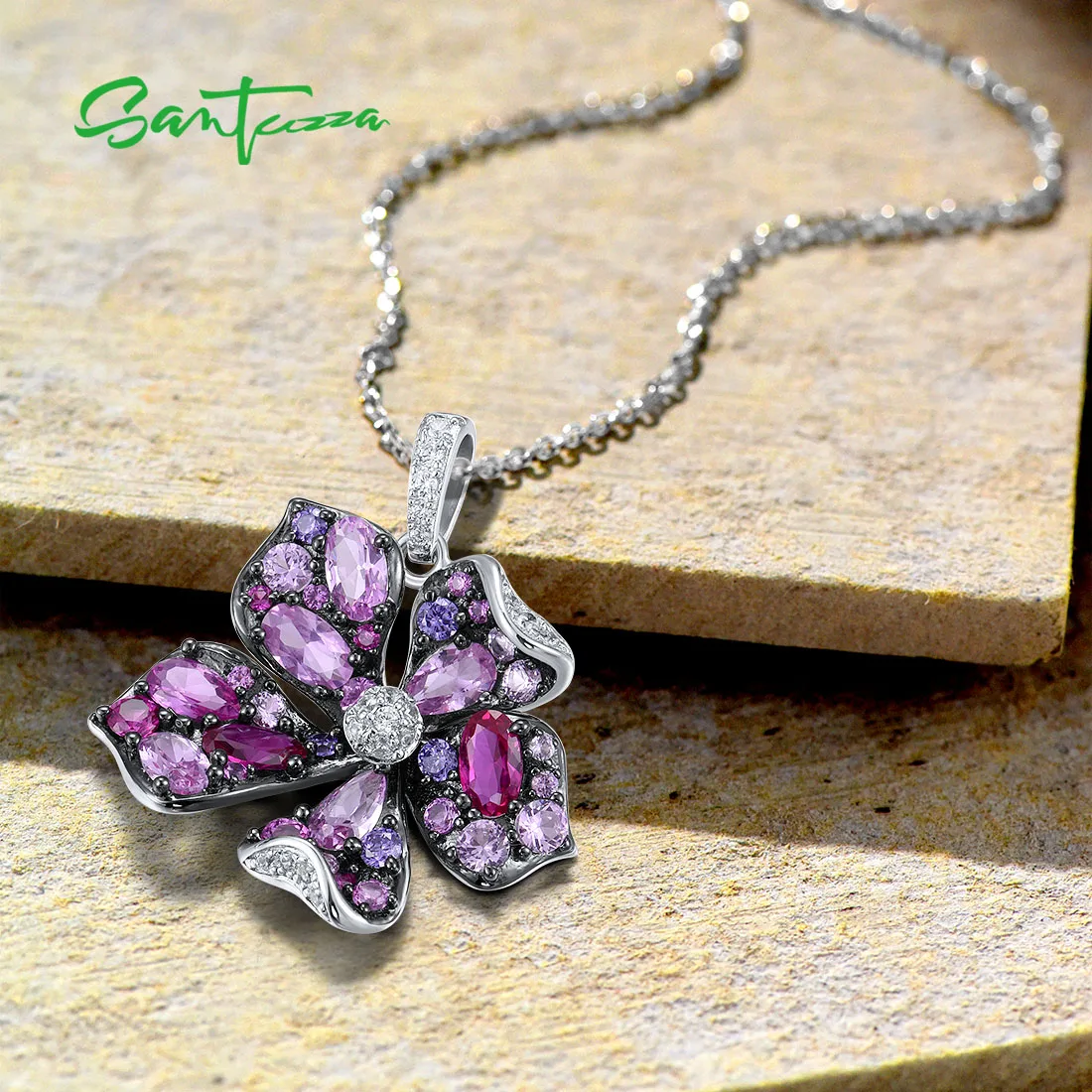 925 Sterling Silver Pendant For Women Pink Red Stones Blooming Lily Flower Jewelry
