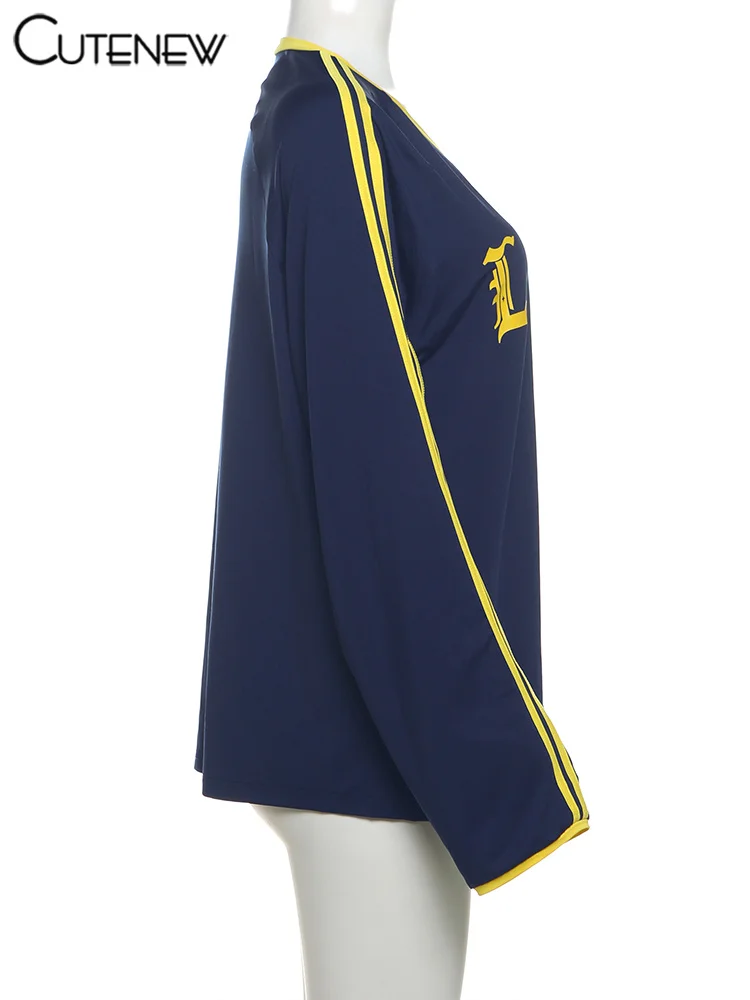 Football Track Women T-shirts Autumn Printed Striped Long Sleeve V-neck Oversized Tops Female Active Casual Streetwear