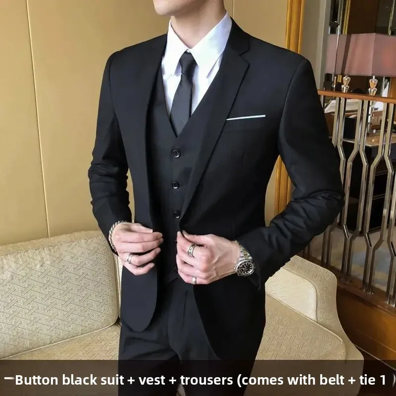 One button black suit + vest + pants + tie belt