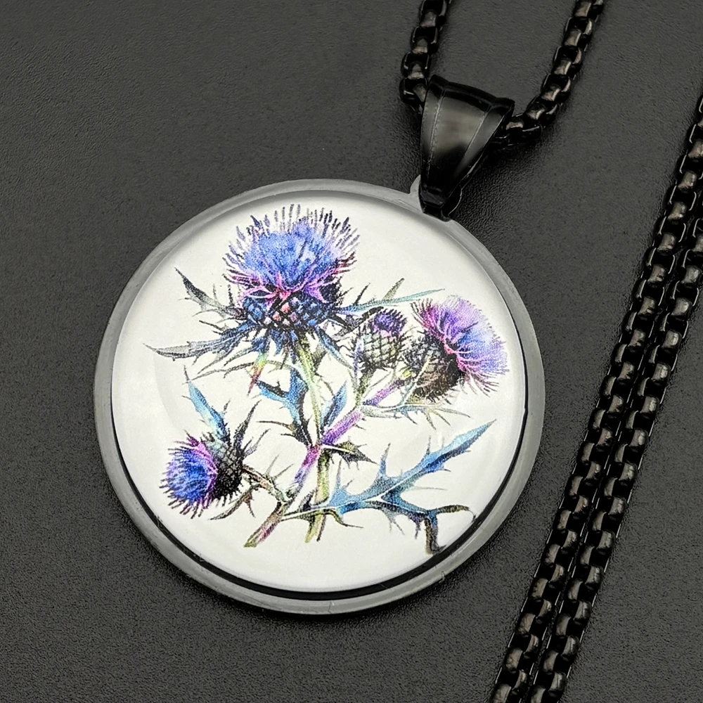 Retor Scotland Thistle Flower Chain für Damen und Herren, Edelstahl, Glas, dunkle Landhaus-Punk-Ästhetik, Halskette, Schmuck, Geschenke