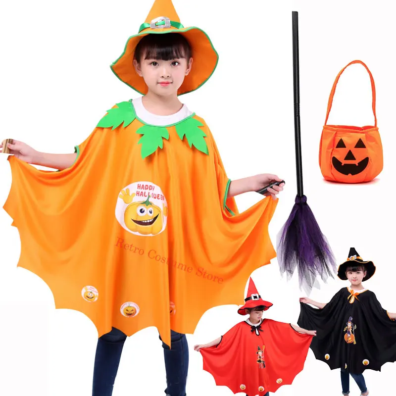 

Boys Girls Halloween Pumpkin Cape Kids Bat Cape Costume with Hat Broom And Pumpkin Bag For Kids