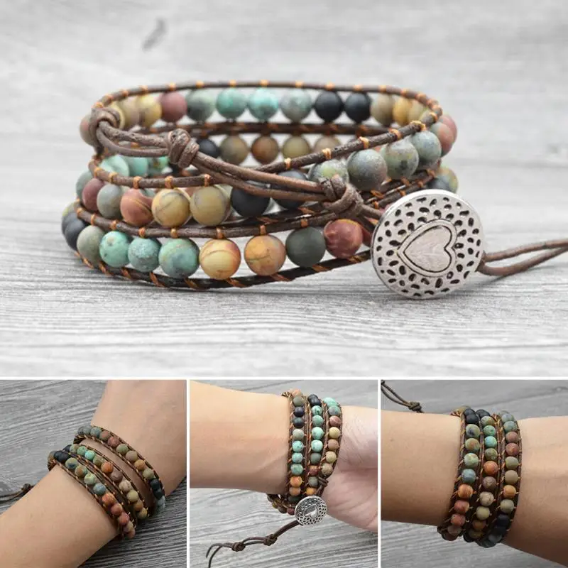 Milangirl Bohemia Jewelry Bracelets 6MM Matte Stone Wrap Leather Bracelets Vintage 3 Strands Multilayer Woven bracelet jewelry,leather bracelets