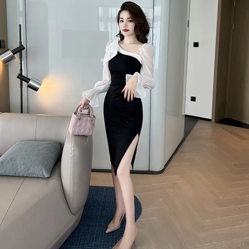 

Autumn 2022 New Ladies Mesh Patchwork Slim Woman Dresss Elegant Long Flare Sleeve Bow Diagonal Collar Bodycon Dress for Women