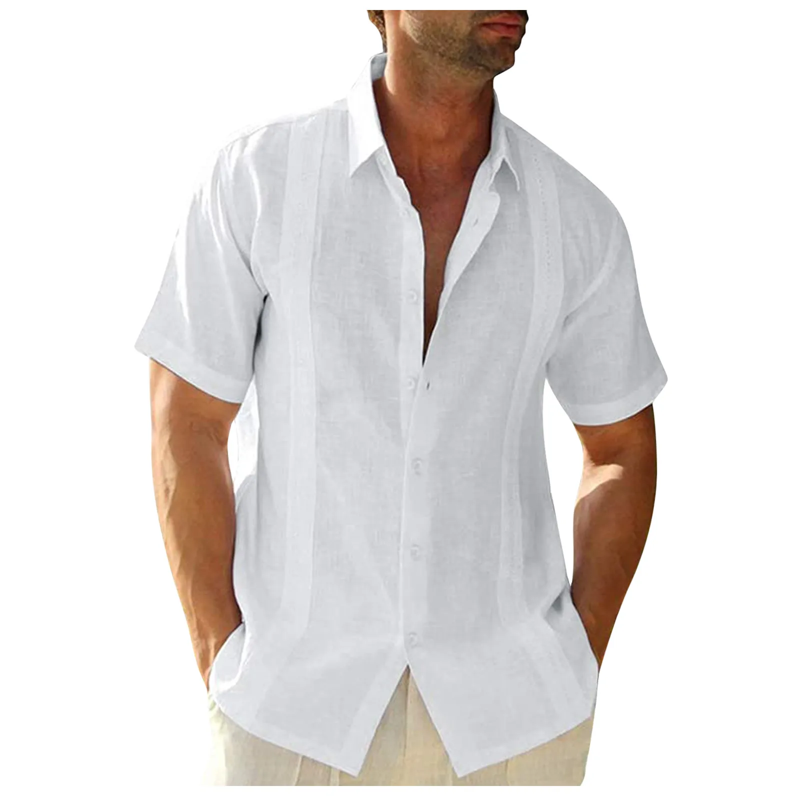 New Fashion Design Men's Plus Size Casual Cotton Linen Embroidery Edge Solid Shirt Short Sleeve Turn-Down Collar Shirts For Male